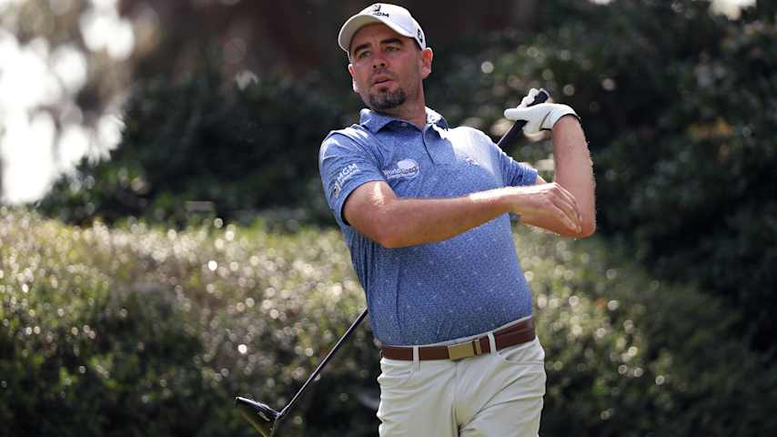 Troy Merritt of the United States plays his shot from the second tee during the second round of The RSM Classic 2025 at Sea Island Resort Plantation Course on November 21, 2025 in St Simons Island, Georgia. (Mike Mulholland/Getty Images)