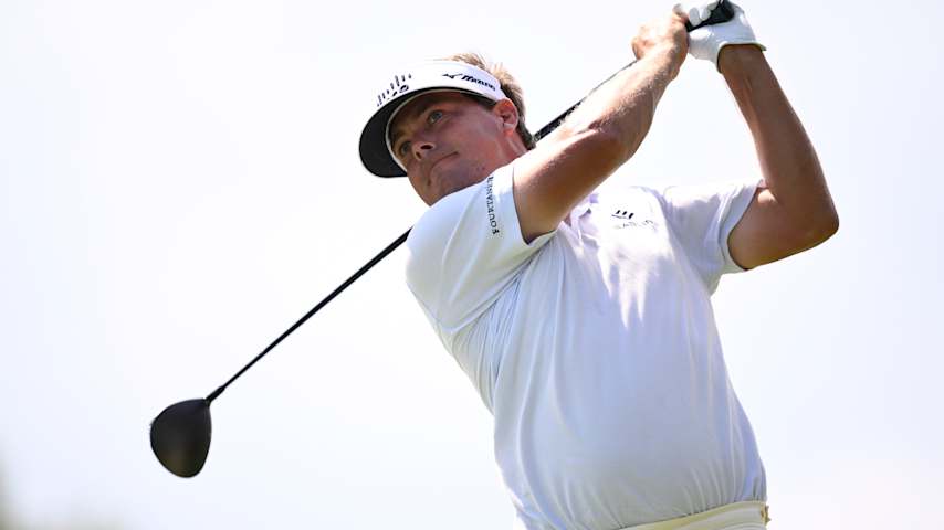 Keith Mitchell of the United States plays his shot from the 18th tee during the first round of the Cadillac Championship 2026 at Trump National Doral Miami on April 30, 2026 in Doral, Florida. (Orlando Ramirez/Getty Images)