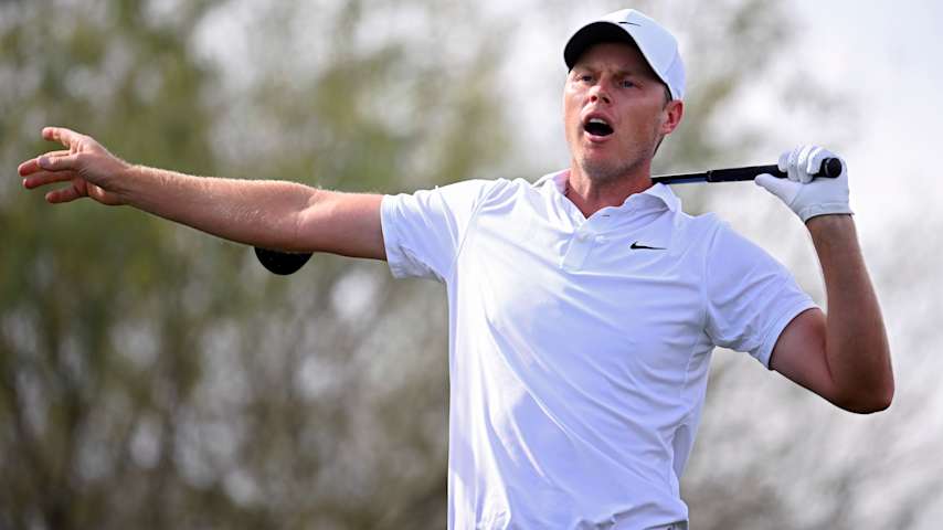 Cam Davis of Australia reacts after playing his shot from the 15th tee during the first round of the WM Phoenix Open 2026 at TPC Scottsdale on February 05, 2026 in Scottsdale, Arizona. (Alex Goodlett/Getty Images)