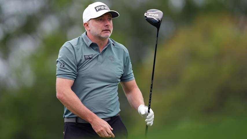 David Skinns of England plays his shot from the second tee during the first round of the ONEflight Myrtle Beach Classic 2026 at Dunes Golf & Beach Club on May 07, 2026 in Myrtle Beach, South Carolina. (Raj Mehta/Getty Images)