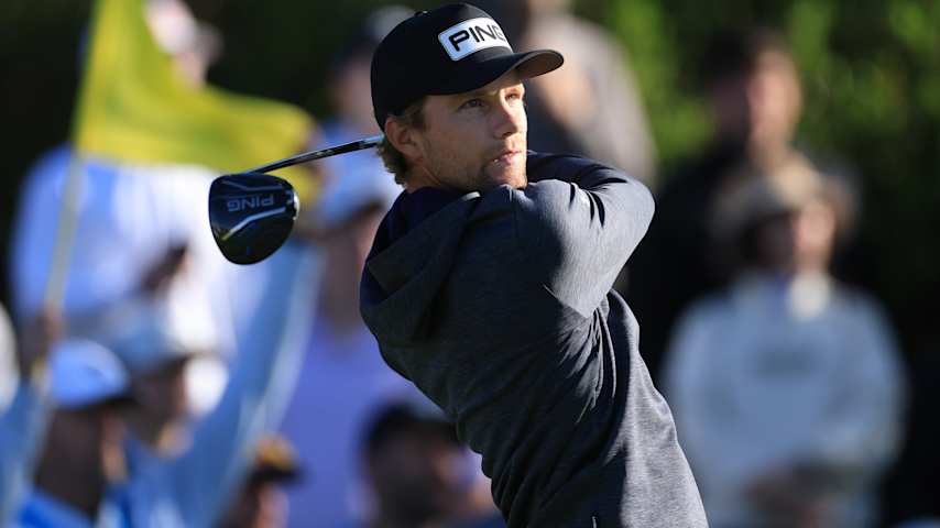 Rasmus Neergaard-Petersen of Denmark tees off on the 10th hole during the second round of the PGA Championship at Aronimink Golf Club on May 15, 2026 in Newtown, Pennsylvania. (David Cannon/Getty Images)
