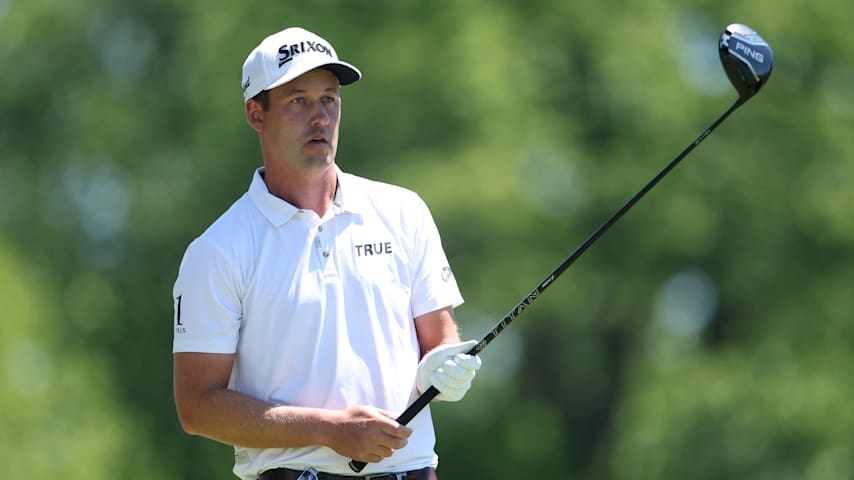 Andrew Putnam of the United States looks to hit a tee shot on the second hole during the third round of the PGA Championship at Aronimink Golf Club on May 16, 2026 in Newtown, Pennsylvania. (Emilee Chinn/Getty Images)