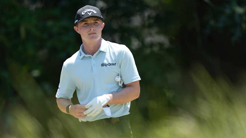 Blades Brown of the United States prepares to play a shot on the seventh tee during the third round of the Colonial Life Charity Classic 2026 at The Woodcreek Club on May 16, 2026 in Elgin, South Carolina. (Raj Mehta/Getty Images)