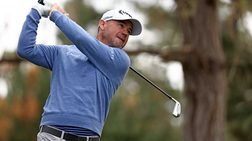 Brian Harman of the United States plays his shot from the second tee during the second round of the AT&T Pebble Beach Pro-Am 2026 at Â Spyglass Hill Golf Course on February 13, 2026 in Pebble Beach, California. (Mike Mulholland/Getty Images)