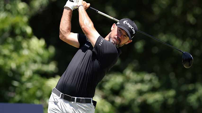 Brian Harman of the United States plays his shot from the 12th tee during the final round of the Charles Schwab Challenge 2026 at Colonial Country Club on May 31, 2026 in Fort Worth, Texas. (Stacy Revere/Getty Images)