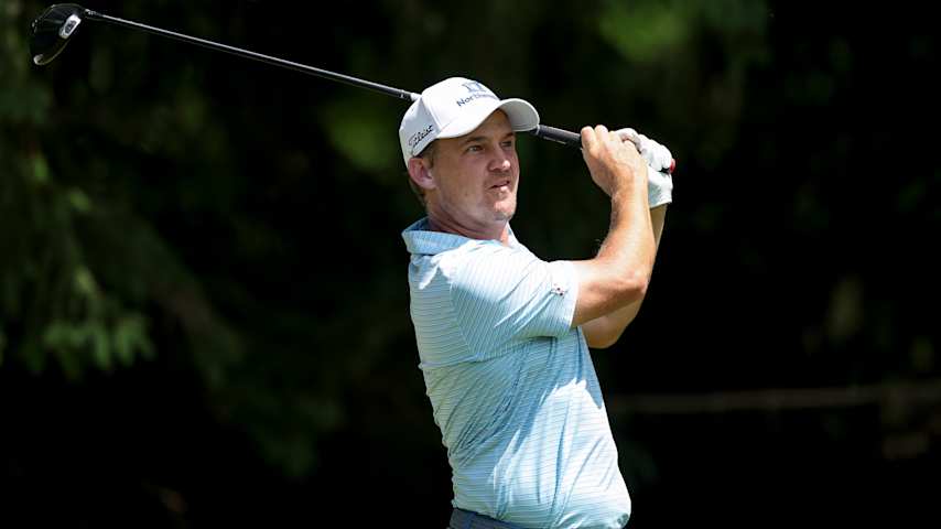 Bud Cauley of the United States plays his shot from the fourth tee during the final round of the PGA Championship at Aronimink Golf Club on May 17, 2026 in Newtown, Pennsylvania. (Emilee Chinn/Getty Images)