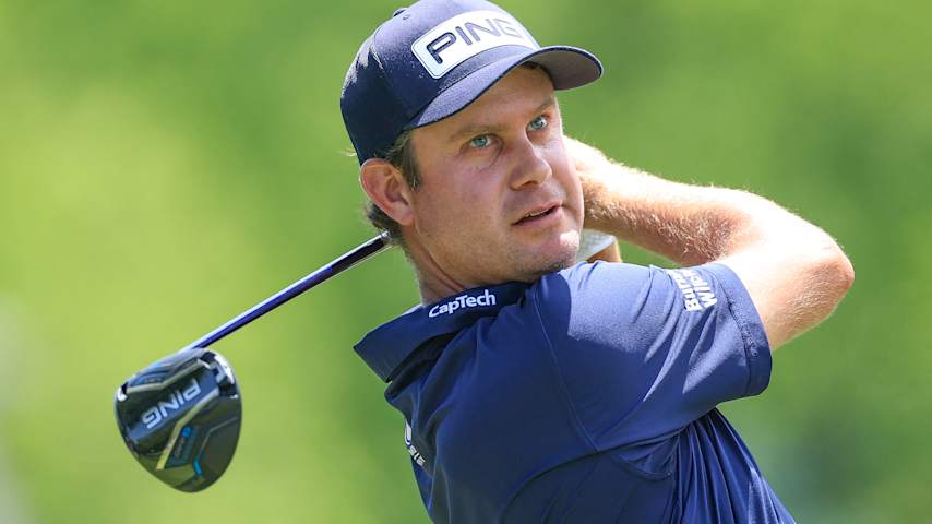 Harris English of The United States plays his tee shot on the second hole during the final round of the PGA Championship at Aronimink Golf Club on May 17, 2026 in Newtown, Pennsylvania. (David Cannon/Getty Images)