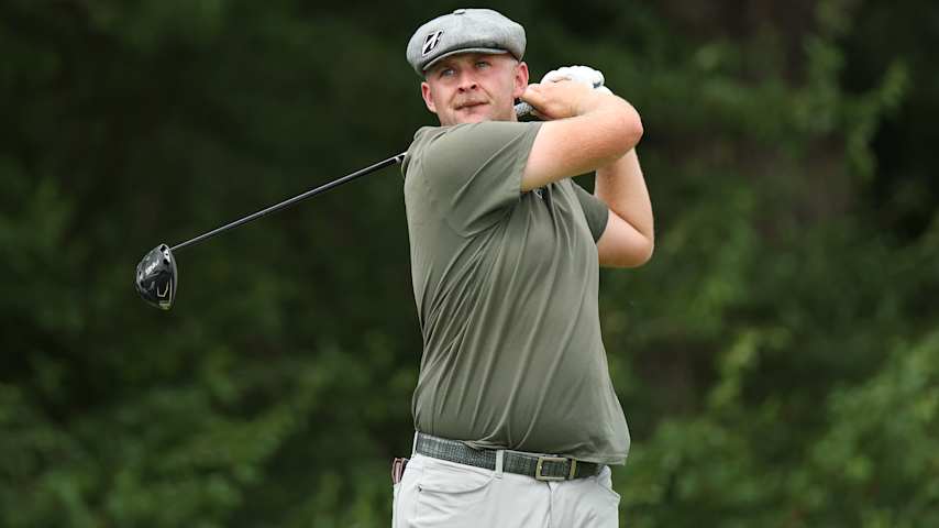 Harry Hall of England plays his shot from the 12th tee during the second round of the Charles Schwab Challenge 2026 at Colonial Country Club on May 29, 2026 in Fort Worth, Texas. (Stacy Revere/Getty Images)
