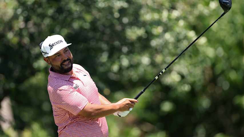 J.J. Spaun of the United States plays his shot from the ninth tee during the final round of the Charles Schwab Challenge 2026 at Colonial Country Club on May 31, 2026 in Fort Worth, Texas. (Stacy Revere/Getty Images)