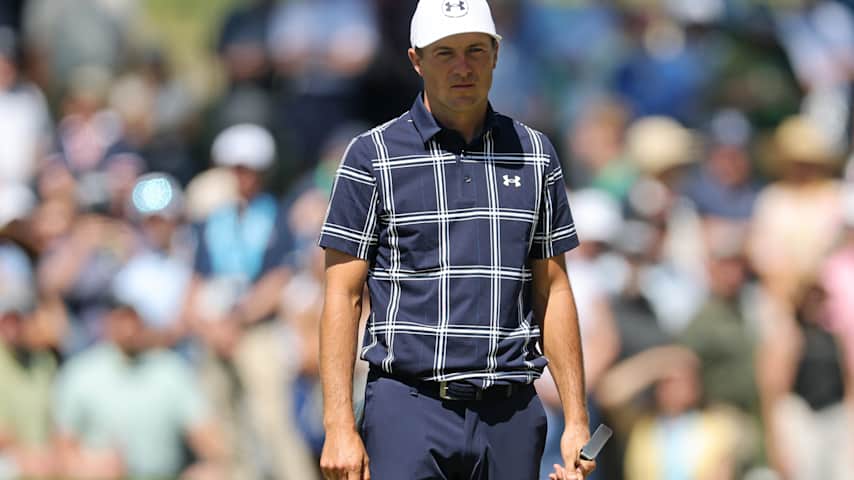 Jordan Spieth of the United States looks on while playing the first hole during the third round of the PGA Championship at Aronimink Golf Club on May 16, 2026 in Newtown, Pennsylvania. (Michael Reaves/Getty Images)