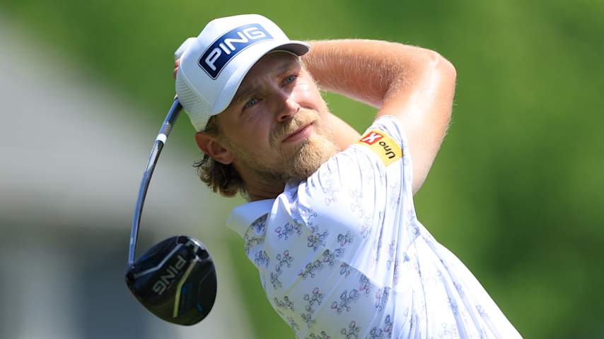 Kristoffer Reitan of Norway tees off on the 2nd hole during the final round of the PGA Championship at Aronimink Golf Club on May 17, 2026 in Newtown, Pennsylvania. (David Cannon/Getty Images)
