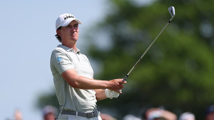 Maverick McNealy of the United States plays a shot on the eighth hole during the final round of the PGA Championship at Aronimink Golf Club on May 17, 2026 in Newtown, Pennsylvania. (Carl Recine/Getty Images)