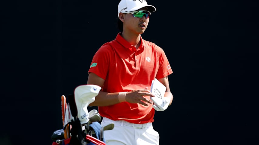Min Woo Lee of Australia prepares to play his shot from the 14th tee during the final round of the PGA Championship at Aronimink Golf Club on May 17, 2026 in Newtown, Pennsylvania. (Andrew Redington/Getty Images)