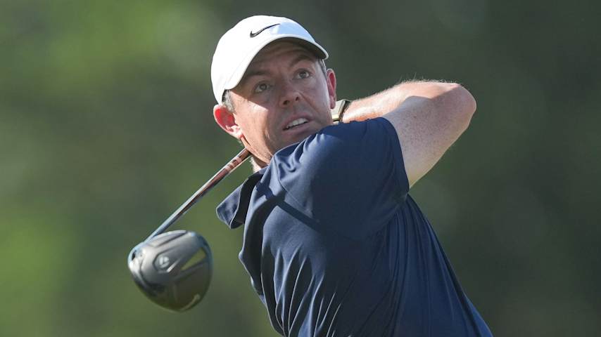 Rory McIlroy of Northern Ireland plays a tee shot on the 15th hole during the final round of PGA Championship at Aronimink Golf Club on May 17, 2026 in Newtown Square, Pennsylvania. (Ben Jared/PGA TOUR via Getty Images)