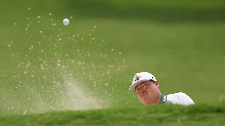 Sungjae Im of South Korea plays a shot from a bunker on the 11th hole during the second round of the Charles Schwab Challenge 2026 at Colonial Country Club on May 29, 2026 in Fort Worth, Texas. (Stacy Revere/Getty Images)