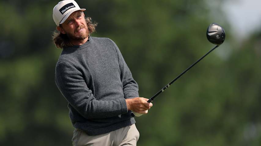 Tommy Fleetwood of England plays his shot from the 15th tee during the second round of the PGA Championship at Aronimink Golf Club on May 15, 2026 in Newtown, Pennsylvania. (Michael Reaves/Getty Images)
