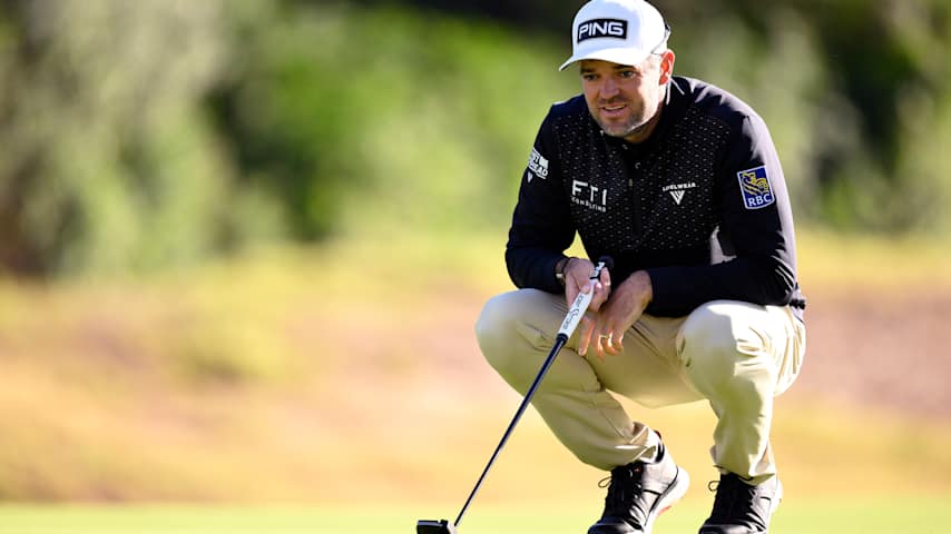 Corey Conners of Canada lines up a putt on the eighth greenduring the first round of The Genesis Invitational 2026 at Riviera Country Club on February 19, 2026 in Pacific Palisades, California. (Orlando Ramirez/Getty Images)
