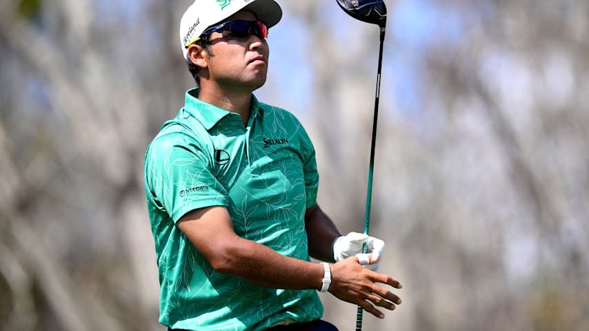 Hideki Matsuyama of Japan looks on after playing his shot from the third tee during the third round of the Arnold Palmer Invitational presented by Mastercard 2026 at Arnold Palmer Bay Hill Golf Course on March 07, 2026 in Orlando, Florida. (Orlando Ramirez/Getty Images)