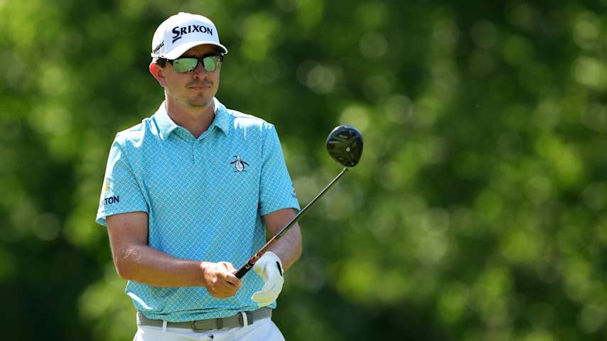 Nico Echavarria of Colombia plays his shot from the 18th tee during the second round of the the Memorial Tournament presented by Workday 2026 at Muirfield Village Golf Club on June 05, 2026 in Dublin, Ohio. (Dylan Buell/Getty Images)