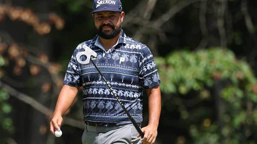 J.J. Spaun of the United States reacts to his birdie putt on the first green during the third round of the BMW Championship 2025 at Caves Valley Golf Club on August 16, 2025 in Owings Mills, Maryland. (Kevin C. Cox/Getty Images)