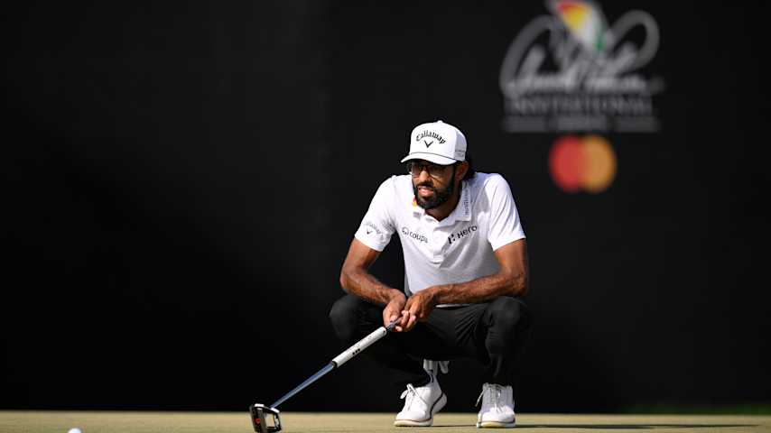 Akshay Bhatia of the United States lines up a putt on the 14th hole during the final round of the Arnold Palmer Invitational presented by Mastercard 2026 at Arnold Palmer Bay Hill Golf Course on March 08, 2026 in Orlando, Florida. (Orlando Ramirez/Getty Images)