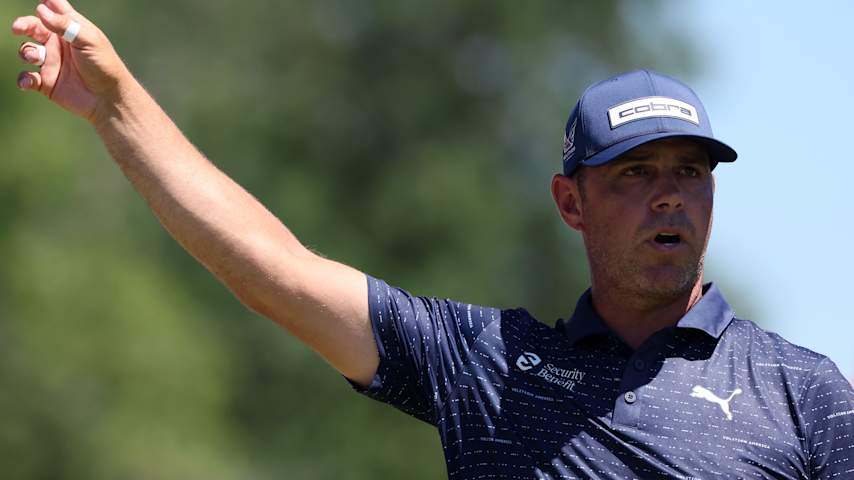Gary Woodland of the United States reacts after playing his shot from the third tee during the final round of the Charles Schwab Challenge 2026 at Colonial Country Club on May 31, 2026 in Fort Worth, Texas. (Sam Hodde/Getty Images)