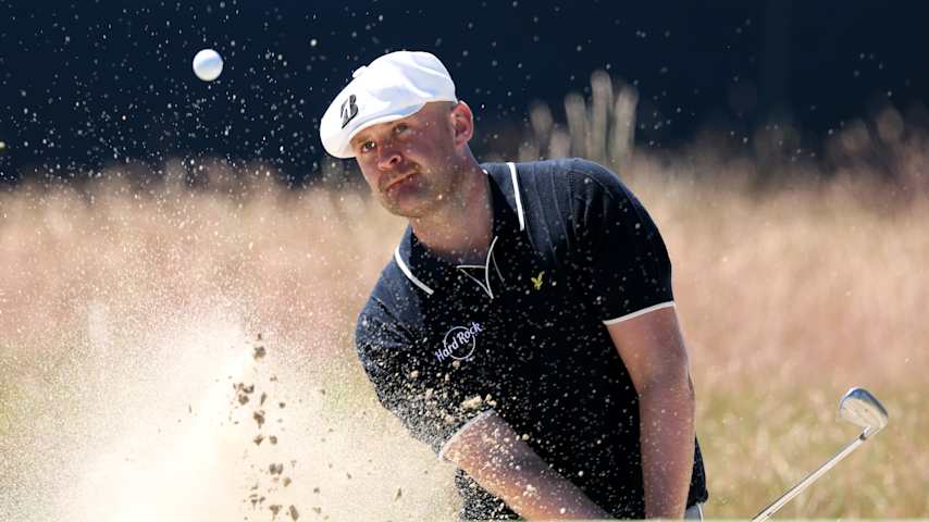 Harry Hall of England plays a shot from a bunker on the sixth hole during a practice round prior to the 126th U.S. OPEN at Shinnecock Hills Golf Club on June 16, 2026 in Southampton, New York. (Andrew Redington/Getty Images)