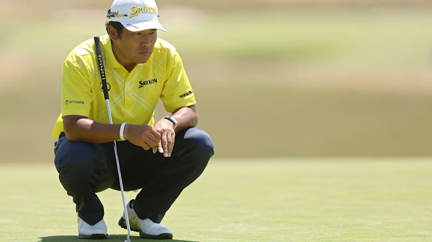 Hideki Matsuyama of Japan lines up a putt on the 17th green during the final round of the 126th U.S. OPEN at Shinnecock Hills Golf Club on June 21, 2026 in Southampton, New York. (Mike Mulholland/Getty Images)