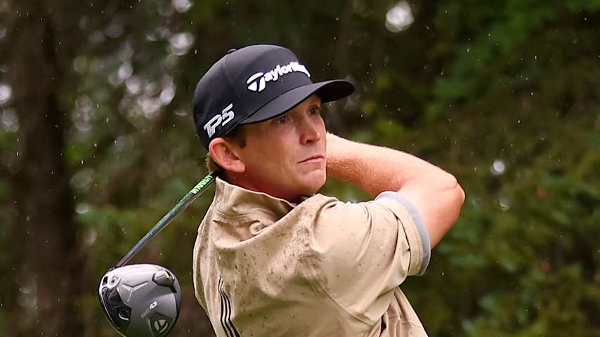 Jacob Bridgeman of the United States plays his shot from the eighth tee during the final round of the RBC Canadian Open 2026 at TPC Toronto at Osprey Valley on June 14, 2026 in Caledon, Ontario. (Vaughn Ridley/Getty Images)