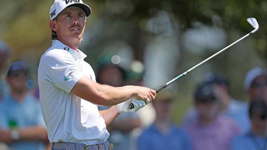 Jake Knapp of the United States watches his shot from the fourth tee during the final round of the 2026 Masters Tournament at Augusta National Golf Club on April 12, 2026 in Augusta, Georgia. (Maddie Meyer/Getty Images)
