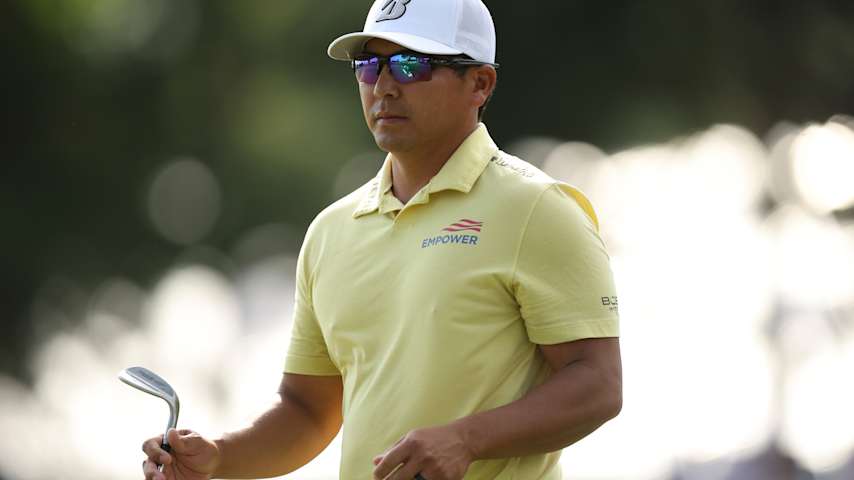 Kurt Kitayama of the United States looks on while playing the 18th hole during the third round of the PGA Championship at Aronimink Golf Club on May 16, 2026 in Newtown, Pennsylvania. (Emilee Chinn/Getty Images)