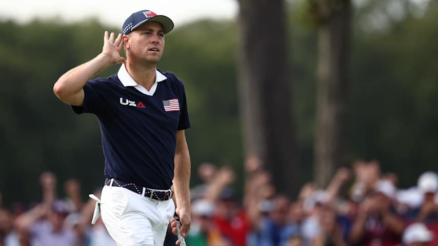 Justin Thomas of Team United States reacts after making a birdie on the ninth hole during the Saturday afternoon four-balls matches of the 2025 Ryder Cup at Black Course at Bethpage State Park Golf Course on September 27, 2025 in Farmingdale, New York. (Jared C. Tilton/Getty Images)