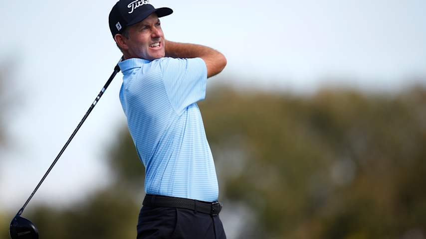 Webb Simpson of the United States plays his shot from the 12th tee  during the first round of the Cognizant Classic 2026 at PGA National Resort And Spa on February 26, 2026 in Palm Beach Gardens, Florida. (Mike Ehrmann/Getty Images)