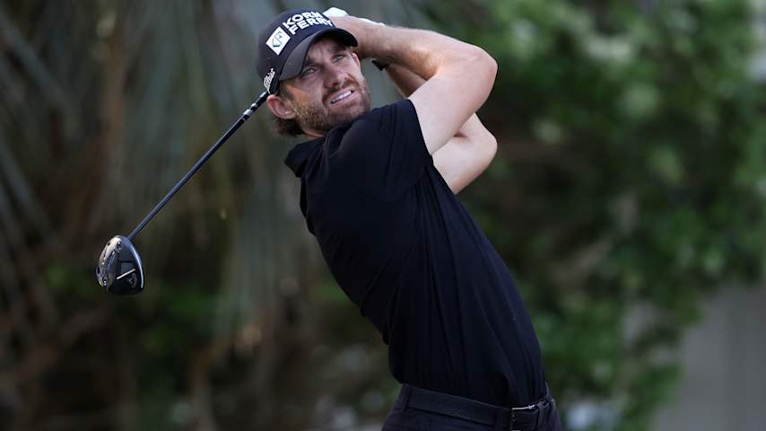 Patrick Rodgers of the United States plays his shot from the sixth tee during the first round of the RBC Heritage 2026 at Harbour Town Golf Links on April 16, 2026 in Hilton Head Island, South Carolina. (Kevin C. Cox/Getty Images)