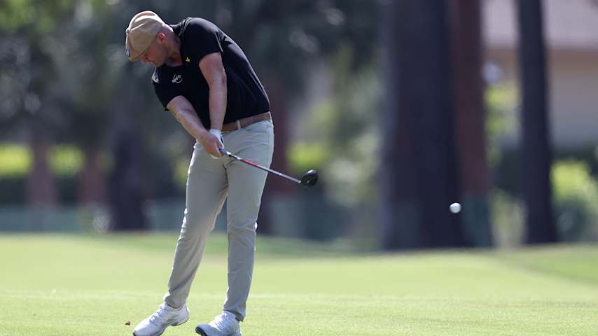 Harry Hall of England plays a shot on the 15th hole during the first round of the RBC Heritage 2026 at Harbour Town Golf Links on April 16, 2026 in Hilton Head Island, South Carolina. (Kevin C. Cox/Getty Images)