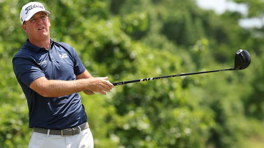 Tom Hoge of the United States plays his shot from the second tee during the third round of the Zurich Classic of New Orleans 2026 at TPC Louisiana on April 25, 2026 in Avondale, Louisiana. (Stacy Revere/Getty Images)