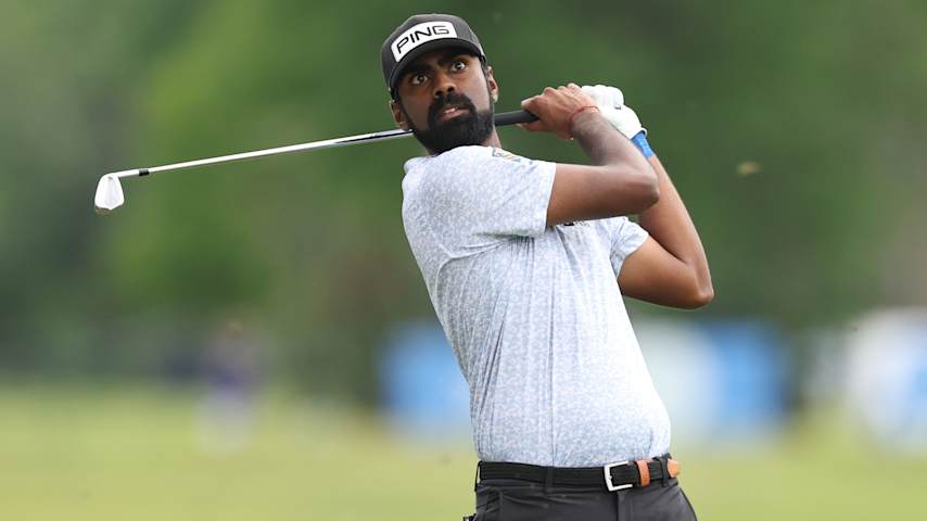 Sahith Theegala of the United States plays a shot on the 15th hole during the third round of the Zurich Classic of New Orleans 2026 at TPC Louisiana on April 25, 2026 in Avondale, Louisiana. (Stacy Revere/Getty Images)