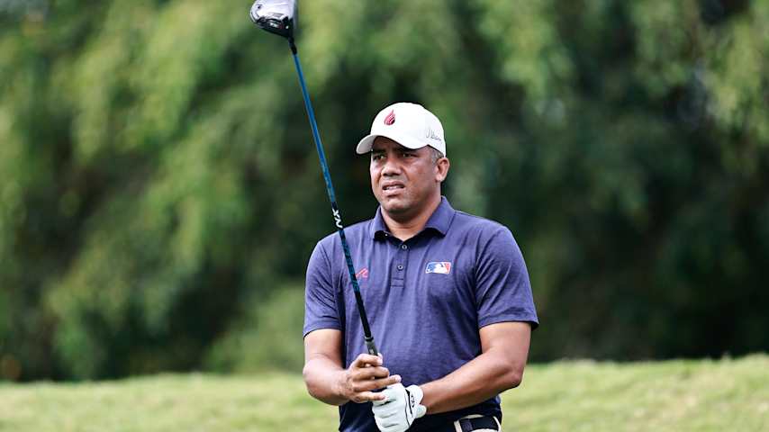 Jhonattan Vegas of Venezuela lines up his shot from the fifth tee during the first round of the Cadillac Championship 2026 at Trump National Doral Miami on April 30, 2026 in Doral, Florida. (Carmen Mandato/Getty Images)