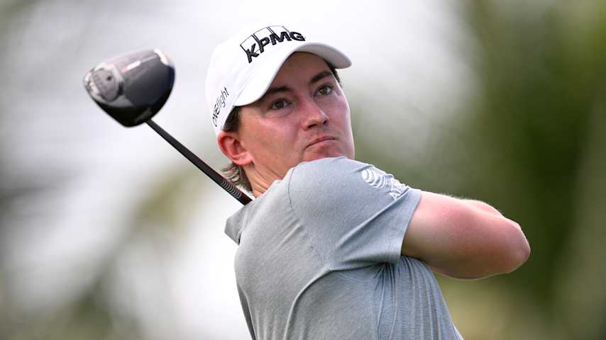 Maverick McNealy of the United States plays his shot from the second tee  during the first round of the Cadillac Championship 2026 at Trump National Doral Miami on April 30, 2026 in Doral, Florida. (Orlando Ramirez/Getty Images)