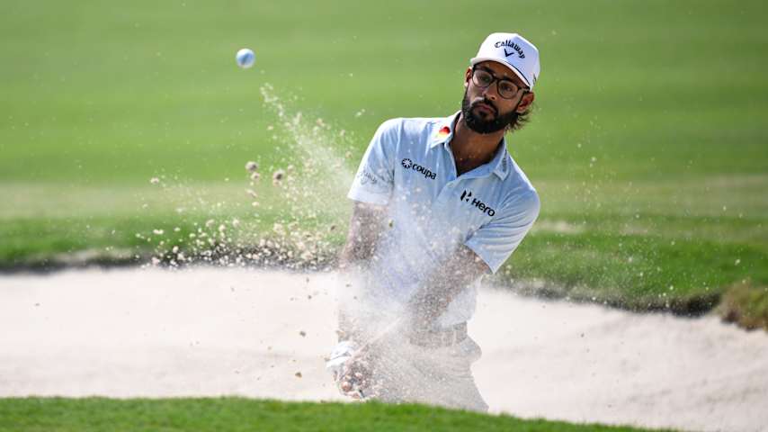 Akshay Bhatia of the United States plays a shot from a bunker on the first hole during the first round of the Cadillac Championship 2026 at Trump National Doral Miami on April 30, 2026 in Doral, Florida. (Orlando Ramirez/Getty Images)