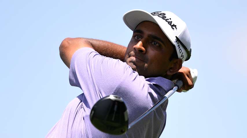 Sudarshan Yellamaraju of Canada plays his shot from the 18th tee during the second round of the Cadillac Championship 2026 at Trump National Doral Miami on May 01, 2026 in Doral, Florida. (Orlando Ramirez/Getty Images)
