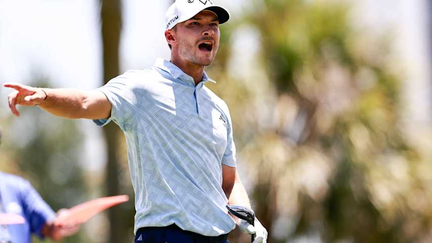 Nicolai HÃ¸jgaard of Denmark follows his shot from the 14th tee during the second round of the Cadillac Championship 2026 at Trump National Doral Miami on May 01, 2026 in Doral, Florida. (Carmen Mandato/Getty Images)
