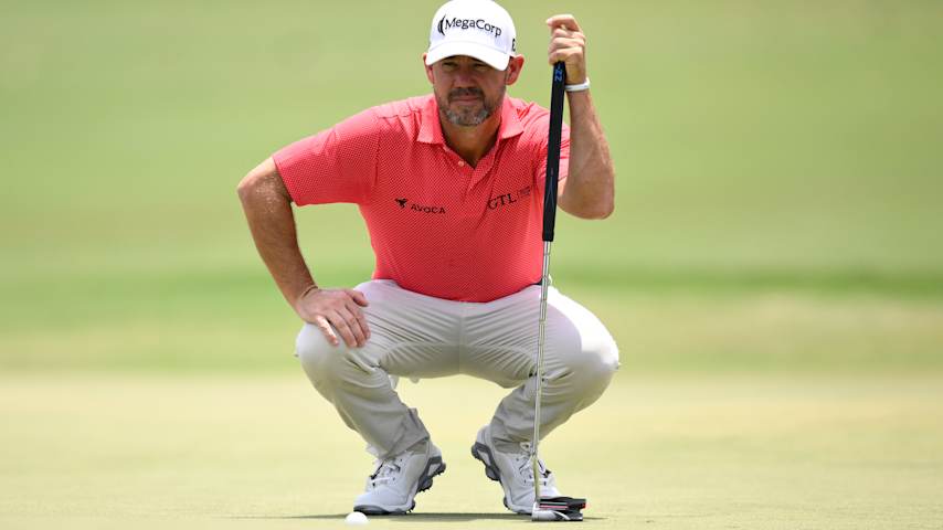 Brian Harman of the United States lines up a putt on the first green during the third round of the Cadillac Championship 2026 at Trump National Doral Miami on May 02, 2026 in Doral, Florida. (Orlando Ramirez/Getty Images)
