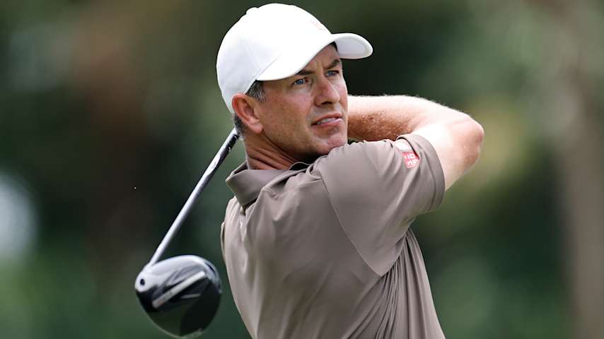 Adam Scott of Australia plays his shot from the 12th tee during the final round of the Cadillac Championship 2026 at Trump National Doral Miami on May 03, 2026 in Doral, Florida. (Carmen Mandato/Getty Images)