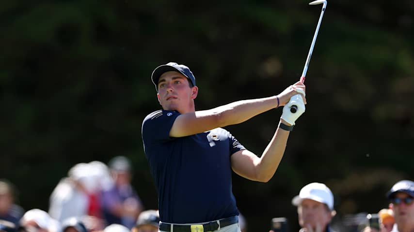 Ben James of Team United States plays his shot from the third tee in Sunday singles during day two of the 50th Walker Cup at Cypress Point Club on September 07, 2025 in Pebble Beach, California. (Luke Hales/Getty Images)