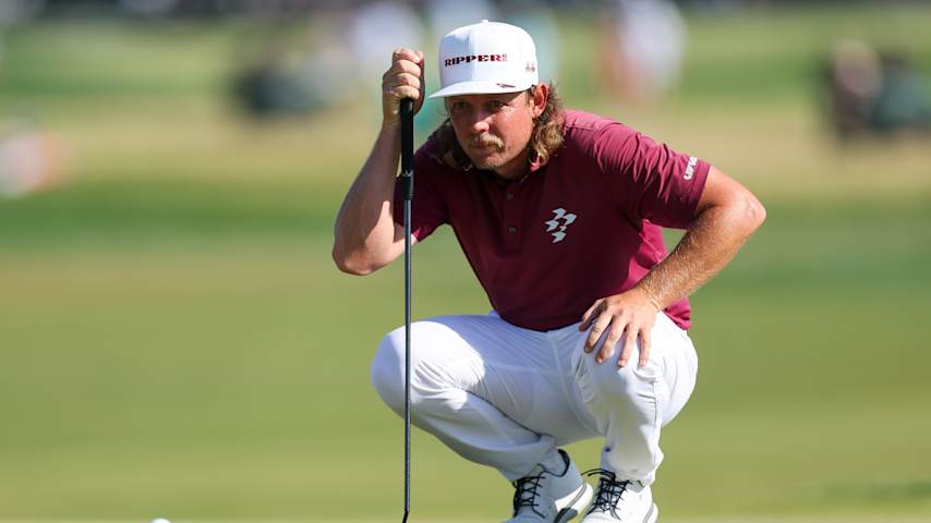 Cameron Smith of Australia lines up a putt on the 16th green during the final round of the PGA Championship at Aronimink Golf Club on May 17, 2026 in Newtown, Pennsylvania. (Michael Reaves/Getty Images)