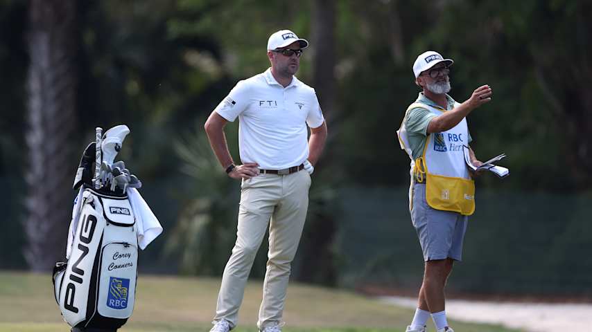 Corey Conners of Canada prepares to play a shot on the 15th hole with caddie Danny Sahl during the first round of the RBC Heritage 2026 at Harbour Town Golf Links on April 16, 2026 in Hilton Head Island, South Carolina. (Kevin C. Cox/Getty Images)