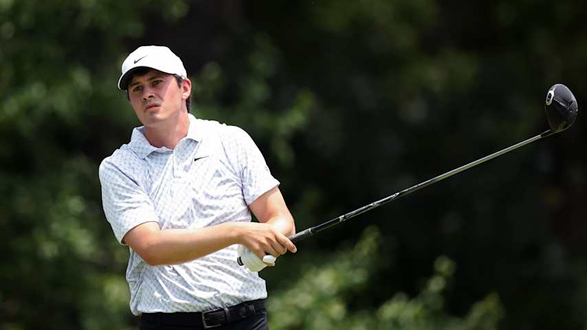 Davis Thompson of the United States plays his shot from the 12th tee during the first round of the Charles Schwab Challenge 2026 at Colonial Country Club on May 28, 2026 in Fort Worth, Texas. (Stacy Revere/Getty Images)