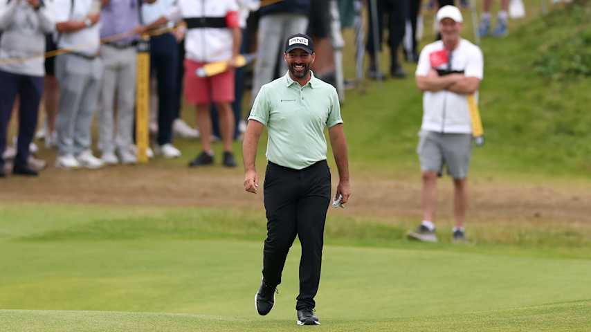 John Parry of England reacts after a hole in one on the 13th hole during Day Three of The 153rd Open Championship at Royal Portrush Golf Club on July 19, 2025 in Portrush, Northern Ireland. (Andrew Redington/Getty Images)