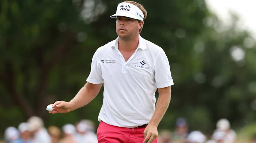 Keith Mitchell of the United States reacts after making birdie on the sixth green during the final round of THE CJ CUP Byron Nelson 2026 at TPC Craig Ranch on May 24, 2026 in McKinney, Texas. (Sam Hodde/Getty Images)